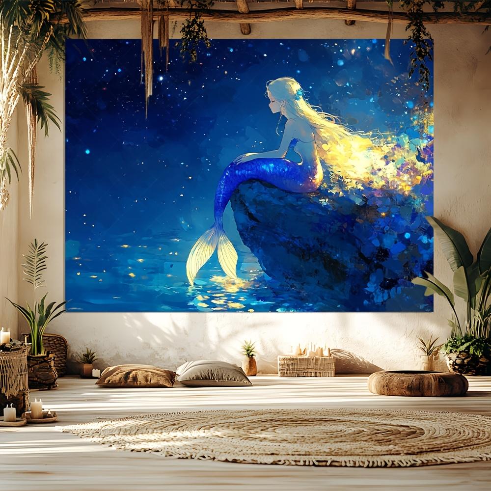 Moonlight Siren Tapestry-Golden Mermaid, Ethereal Coastal Wall Art Living Room Bedroom Decorative Tapestry 100X70CM