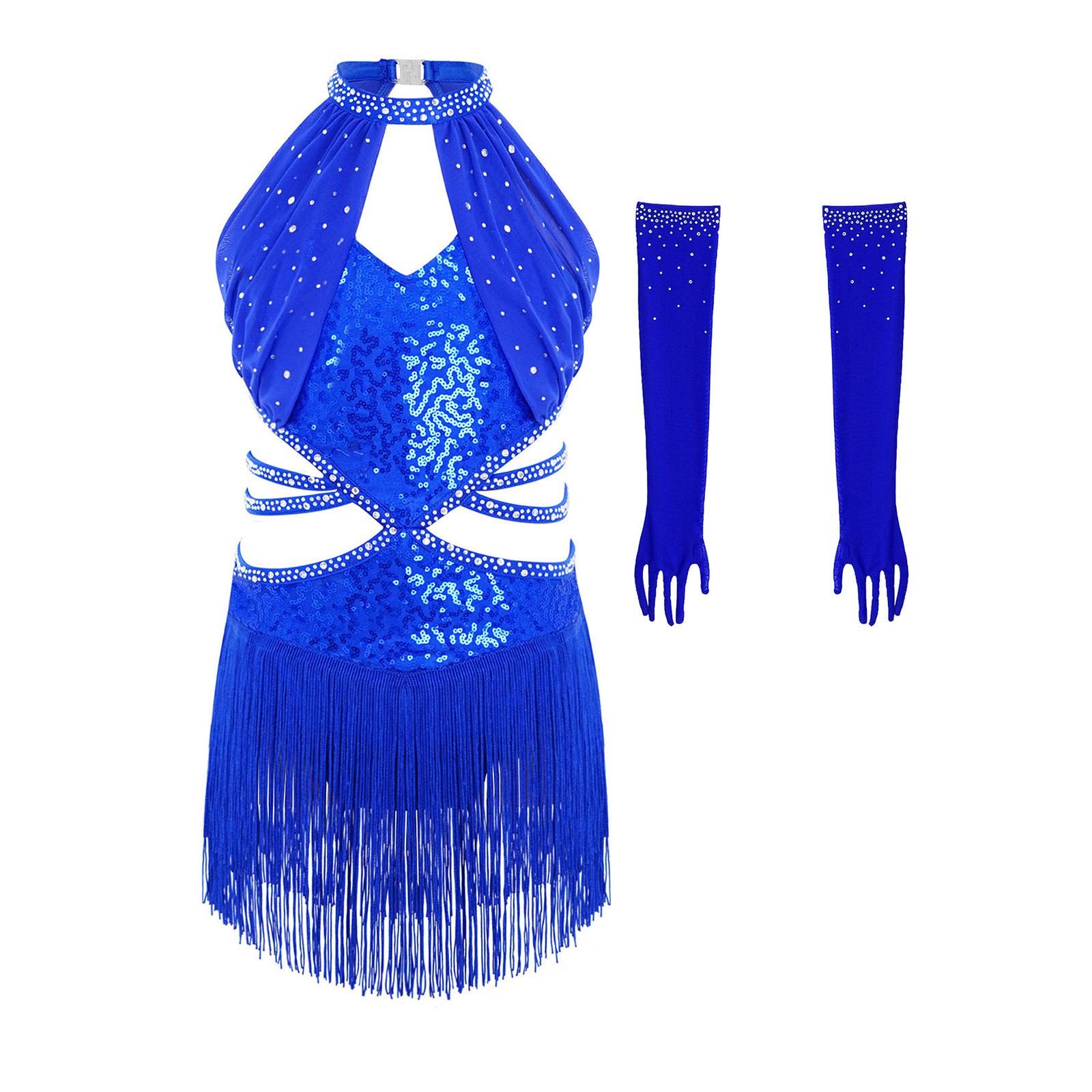 Mädchen Pailletten Latein Kleid Ärmellos Raffung Netz Überlagerung Cutout Träger Taille Quaste Strass Netz Handschuhe 9-10 Years königsblau