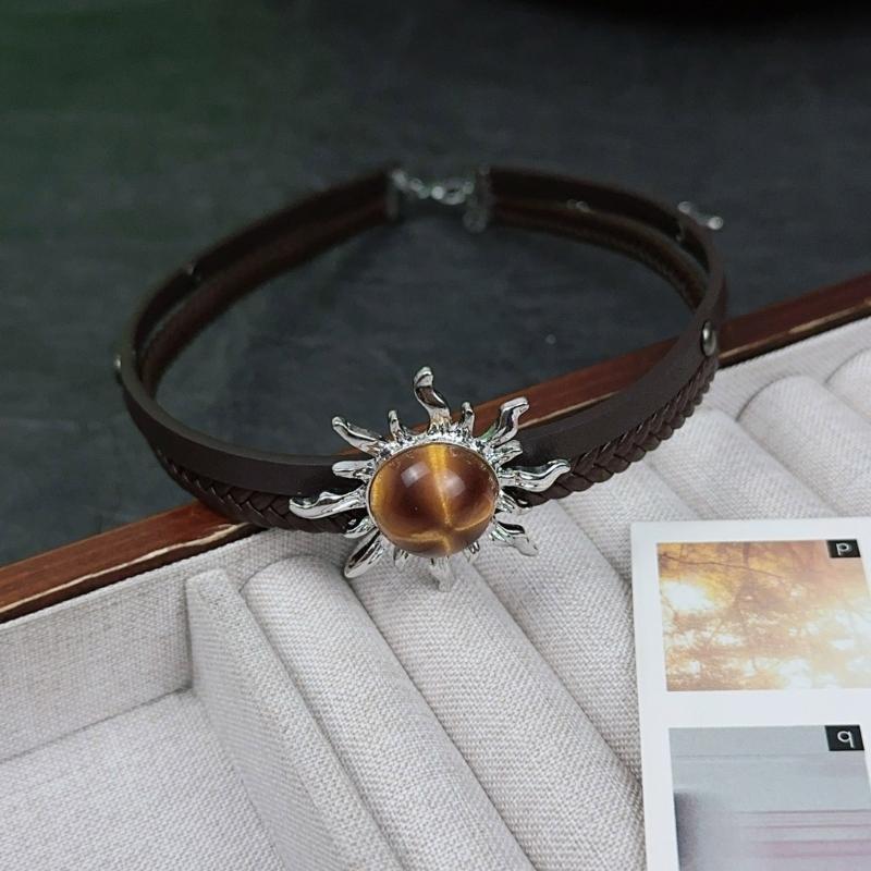 Double Layer Brown Leather Necklace with Sun Charm Clavicle Chain Choker for Nature Lovers and Fashion Enthusiasts