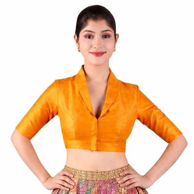 Women’s Solid Collar Neck Readymade Saree Blouse | Front Open Non Padded | Half Sleeve Art Silk Blouse