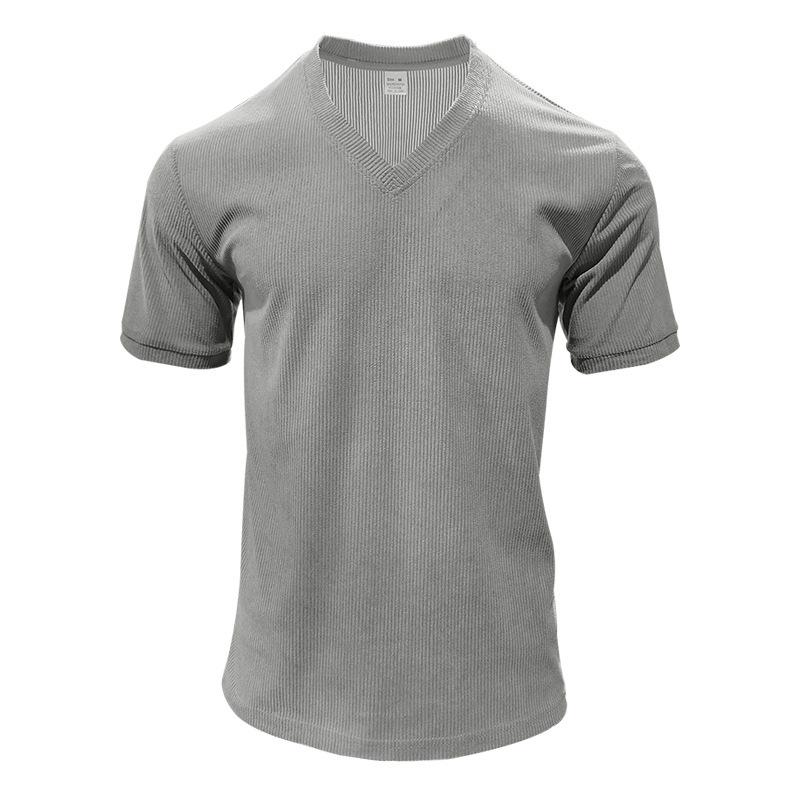 Herren Rippstrick V-Ausschnitt Kurzarm Slim Fit Lässig Einfarbiges T-Shirt