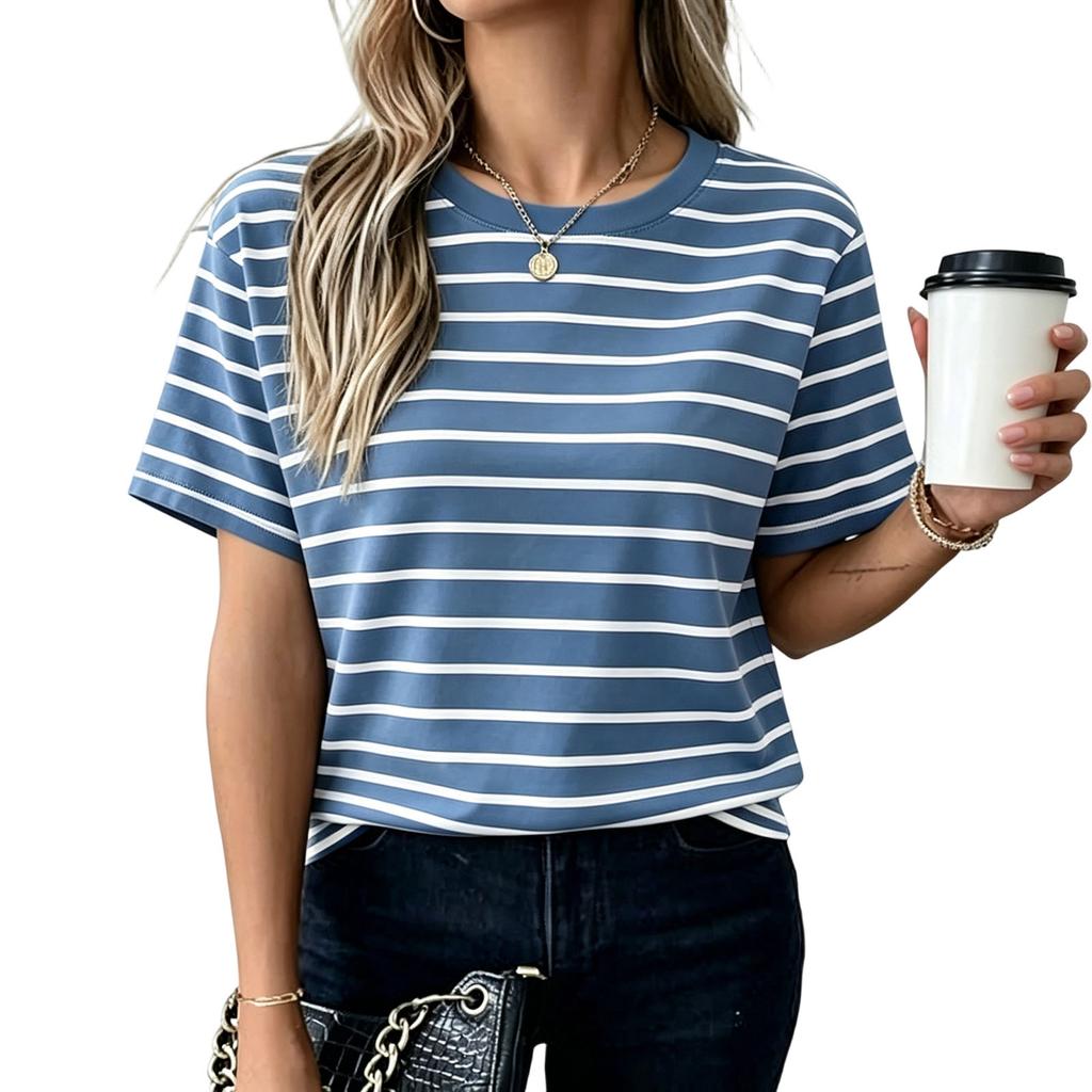 Women Short Sleeve Striped T Shirt Summer Round Neck Basic Casual Top Lightweight Breathable Soft Fabric Comfortable Fit
