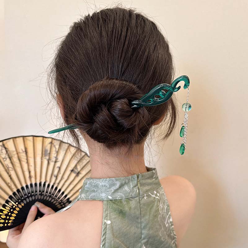 Haarstäbe aus Kunstharz im chinesischen Stil mit Quaste für Frauen, elegante gedrehte Haarnadel aus grüner Essigsäure, Haarstab, Kopfbedeckung, Haar-Accessoires
