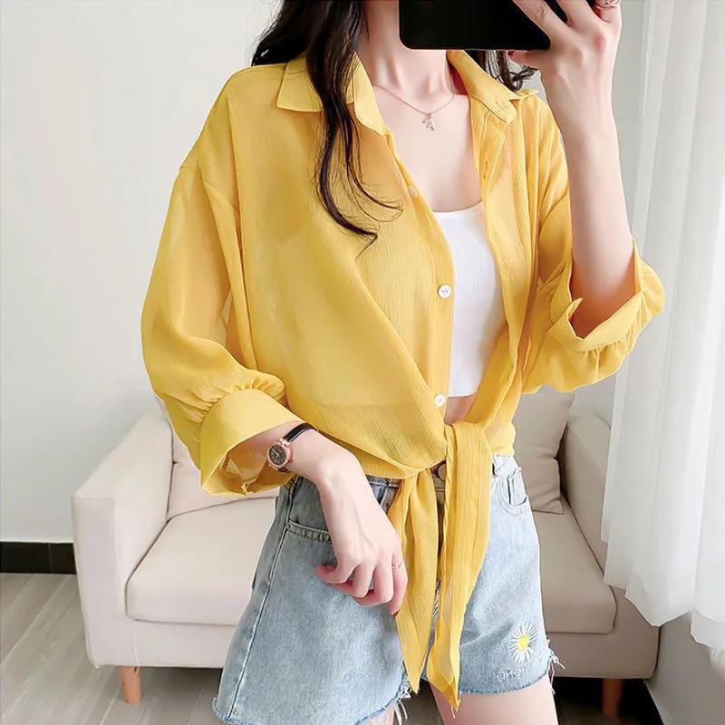 Chiffon Doll Sleeve Cardigan Women's Thin Sun Protection Shirt Short Outer Shawl Loose Top Thin Coat White Polo Collar Shirt
