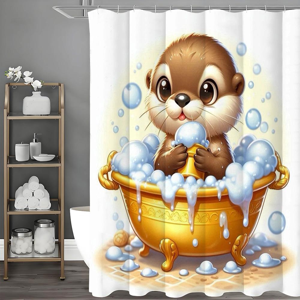 Annier Little Beaver Taking A Bath Shower Curtain Washable Dirt-Resistant Shower Head Waterproof Polyester Bath Curtain For Home Decor
