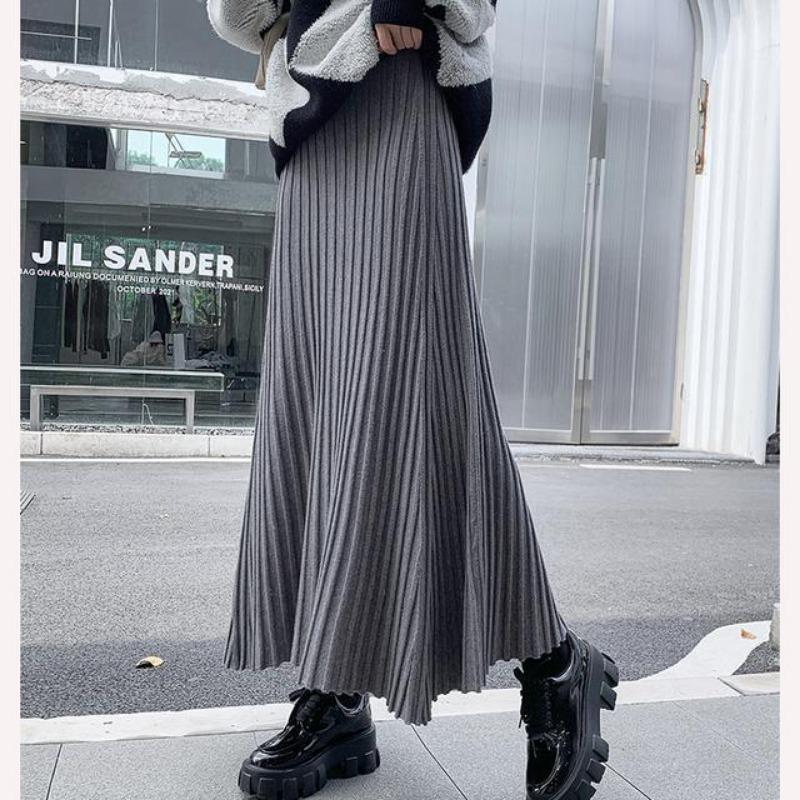 Knitted Midi Skirt Women's A-line Skirt High Waist Wide Span Mid Length Skirt