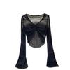Sexy French sle Retro V-neck Knit cardigan Women Spring/Summer Thin Sunscreen Cover Up Short Long sleeve Bell Sleeve Top