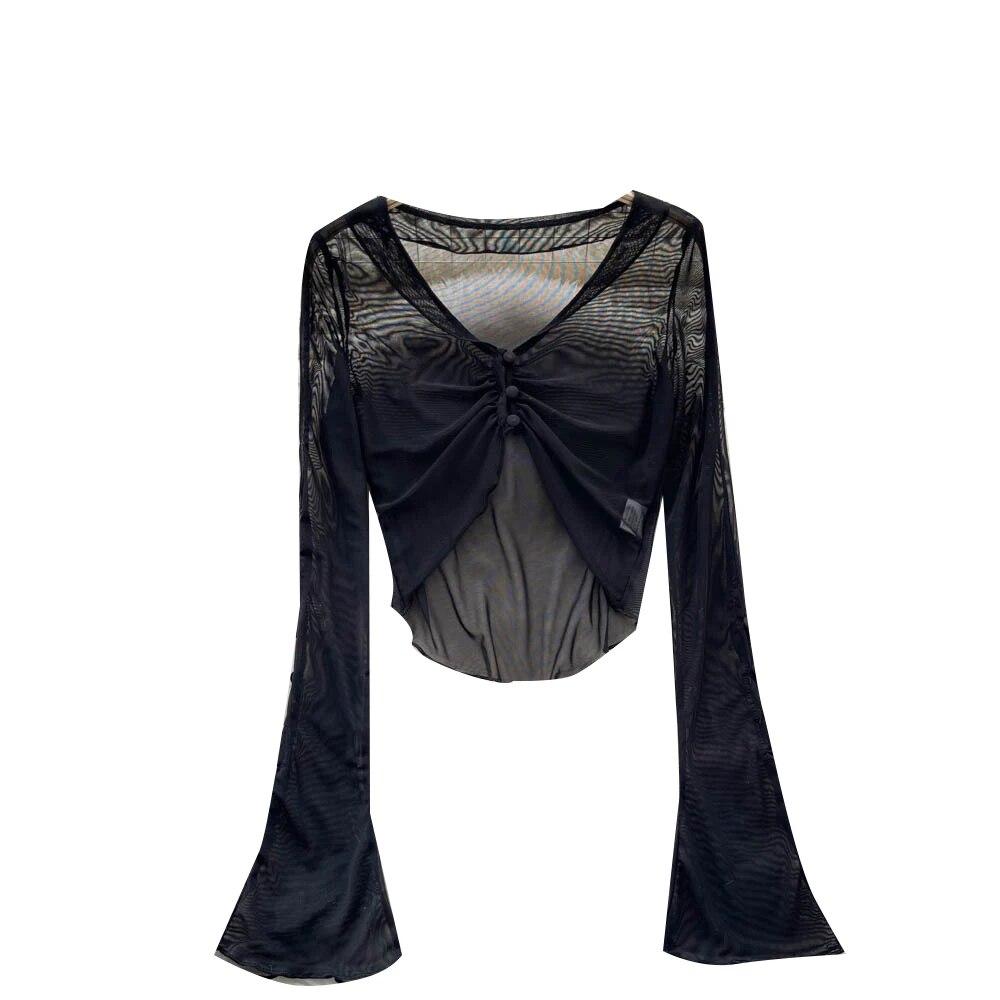 Sexy French sle Retro V-neck Knit cardigan Women Spring/Summer Thin Sunscreen Cover Up Short Long sleeve Bell Sleeve Top