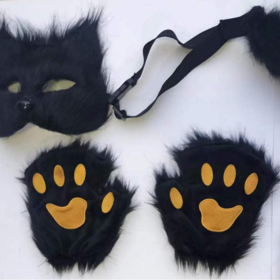Unisex Furry Fox Mask & Cat Tail Gloves for Halloween Masquerade Cosplay