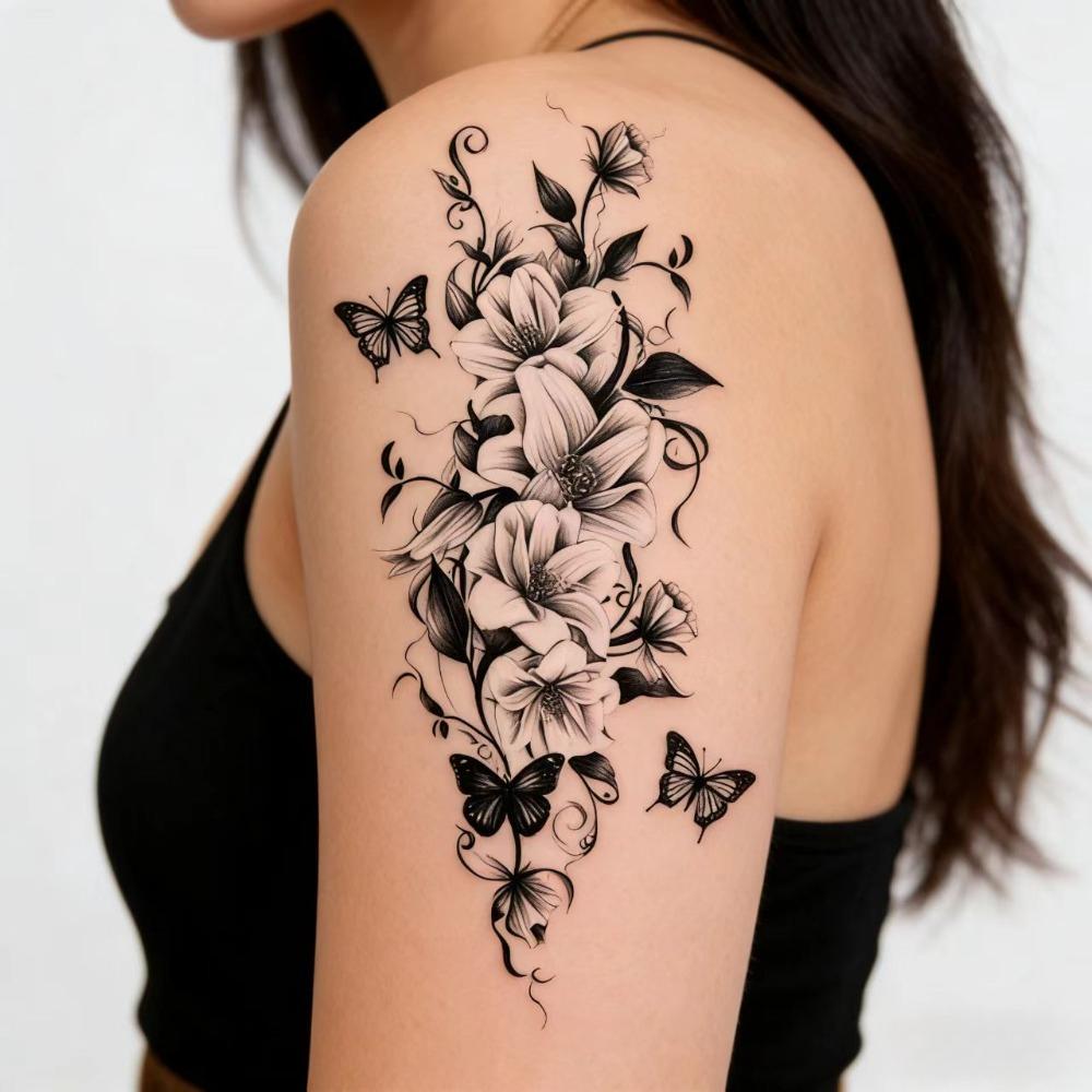 Blumen & Schmetterling Temporäre Tattoo-Sticker, Langanhaltend und Wasserdicht, Realistische Fake-Tattoos für Frauen, Für Arm, Brust, Bein