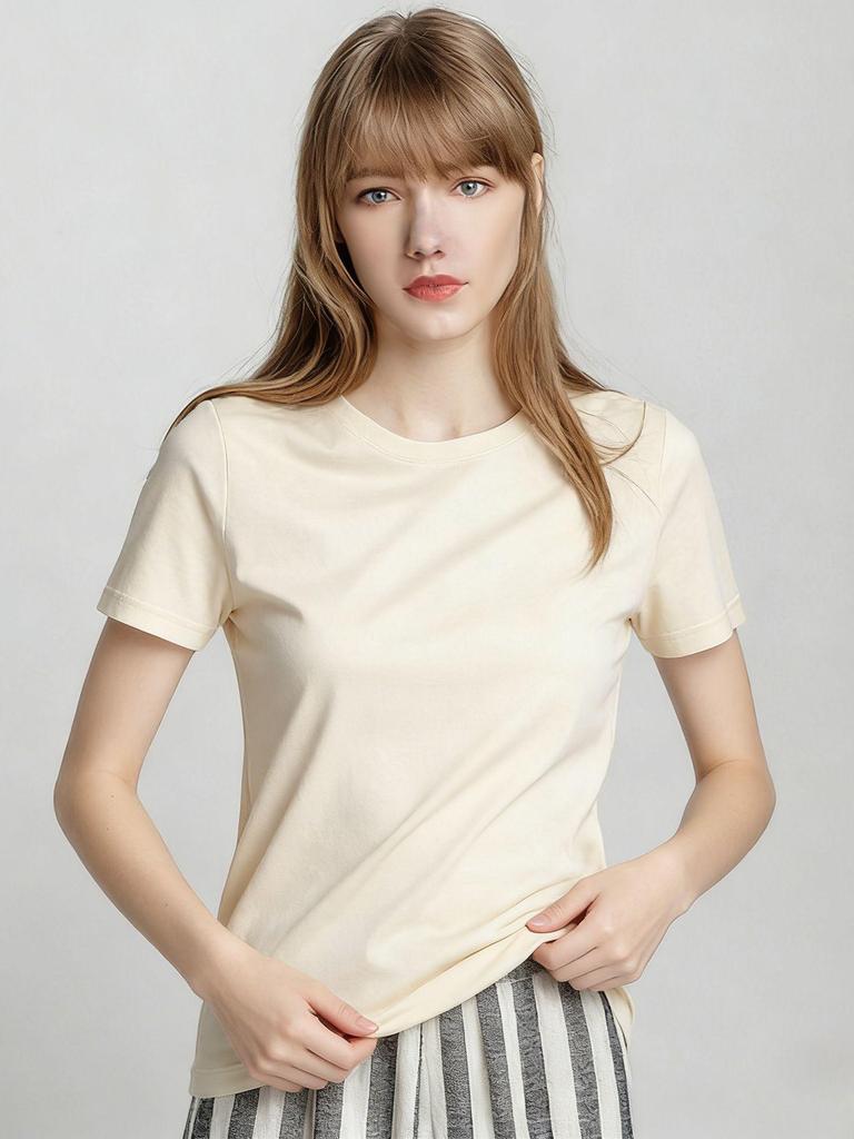 2026 Luxury Women's Double-sided Mercerized Cotton T-shirt, 230g, Short Sleeve, White, Versatile Round Neck for Summer