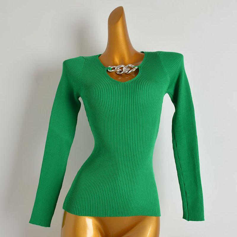 Fashion Style Pullover V-neck Sexy Chain Decoration Long Sleeves Bottoming Shirt for Women Spring & Fall New Arrival Silm Knitwear Tops