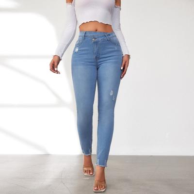 Jeans Damen Frühling und Herbst Elastische Hohe Taille Hose Dünne Raw Edge Kleine Gerade Hose
