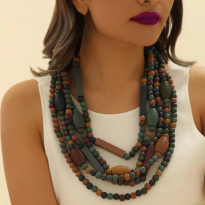 Multi-layer Handmade Wood Beads Necklace Vintage Statement Collar Boho Jewelry Accessories