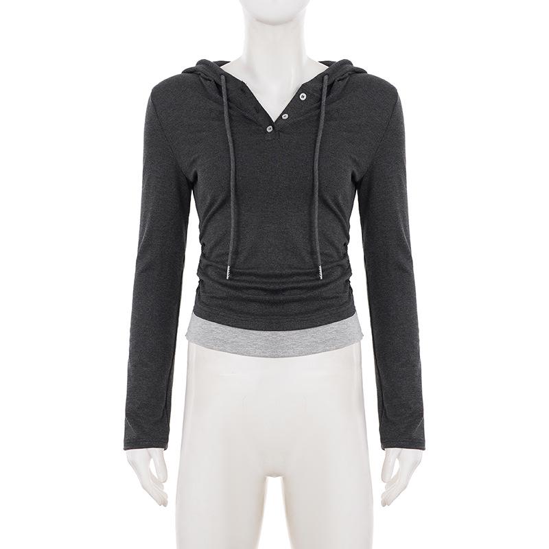 Casual Color Block Hooded Knit T-Shirt with Cinched Waist Long Sleeves