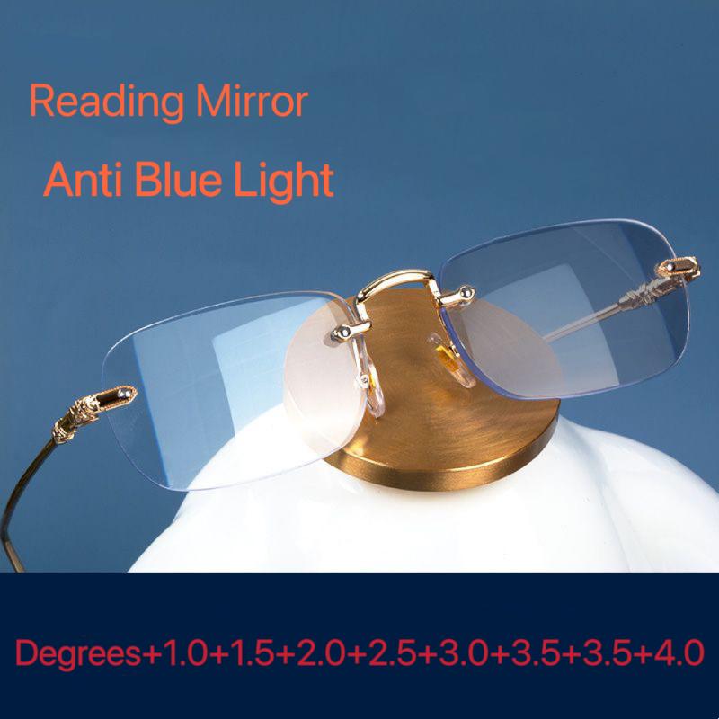 New Fashion Men Women Rimless Reading Glasses Anti Blue Light Bifocal Far Near Magnification Eyewear Presbyopic Glasses +1.5+4.0