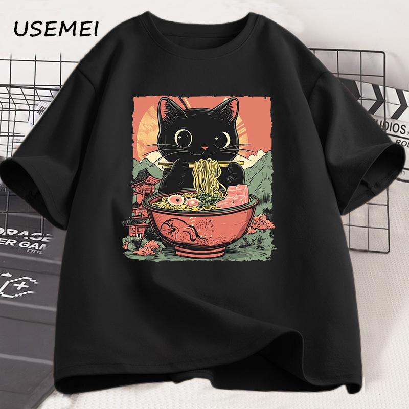 Cute Black Cat Eating Ramen T-Shirt Men Women Adorable Graphic Tee Shirt Foodie and Cat Lover Tshirt Animal Printed Tees Top