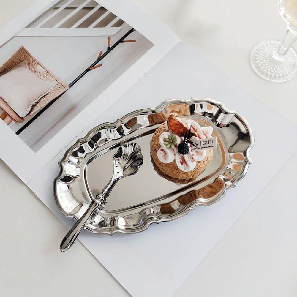 Wavy Edge Vintage Display Tray Mirror Face Dessert Storage Plate Embossed Cake Tray  Household Use