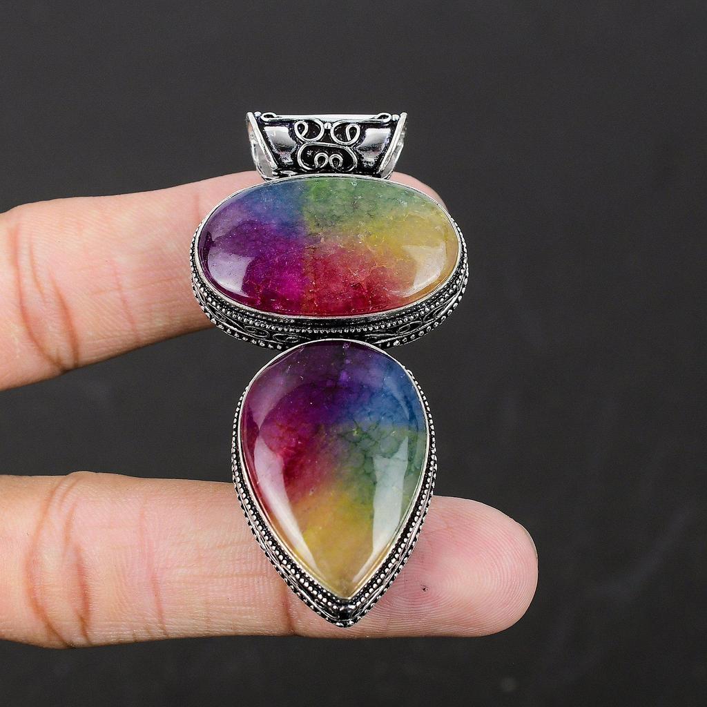 Rainbow Solar Quartz Gemstone Handmade 925 Sterling Silver Pendant Natural Gemstone Fix Loop Pendant Double Rainbow Solar Quartz Pendant