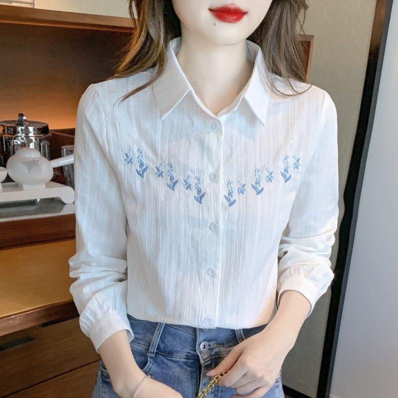 Cămașă de damă cu mâneci lungi, brodată, din bumbac pur - Primăvară & Toamnă 2024 Stil OL Casual Alb