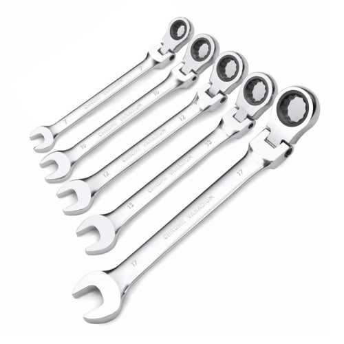 Flex Ratchet Wrench, 7-17mm, 5-Piece Set, Combination Wrench with Dual-Use Head and Swivel Head, for Car Maintenance and DIY, Includes Storage Bag