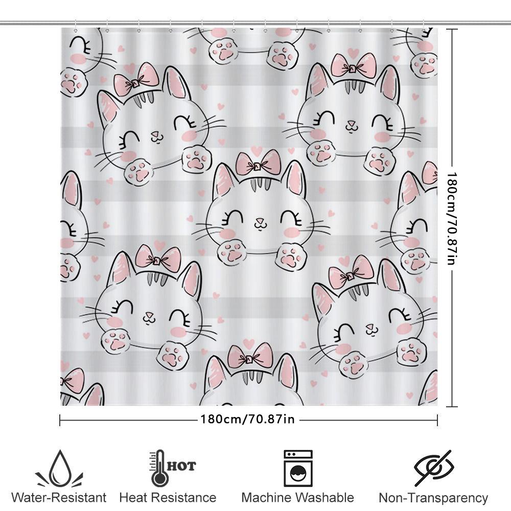 Adorable Kitten Shower Curtain Pink Bow Tails Design for Bathroom Decor White Waterproof Fabric Perfect Gift Idea for Cat Lovers