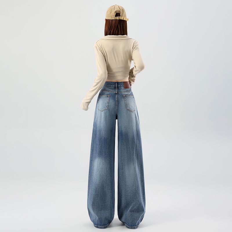 Spring Summer Vintage Blue Ripped Relaxed Straight Wide Leg Trendy Denim Pants Ladies Casual Pants Oversize Denim Trousers