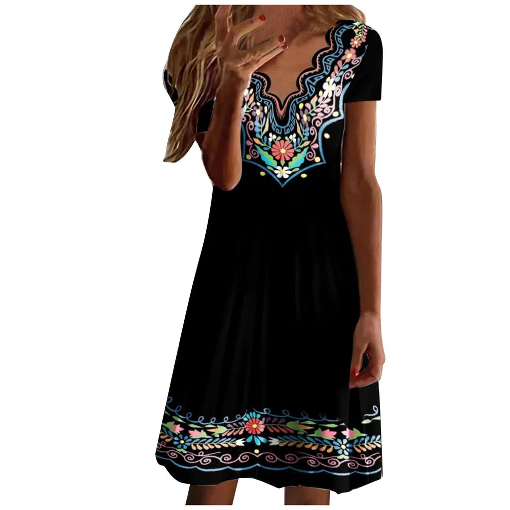Women's Dresses Ethnic Print Loose Elastic Colorful Dresses