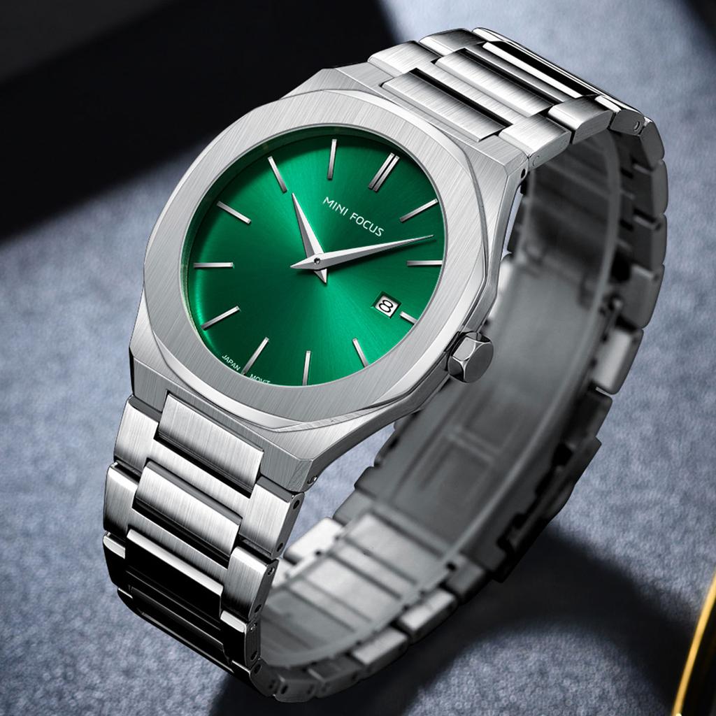 MINIFOCUS Men's Simple Quartz Watch with Stainless Steel Strap Date Display Water-Resistant Stylish Casual Wristwatch
