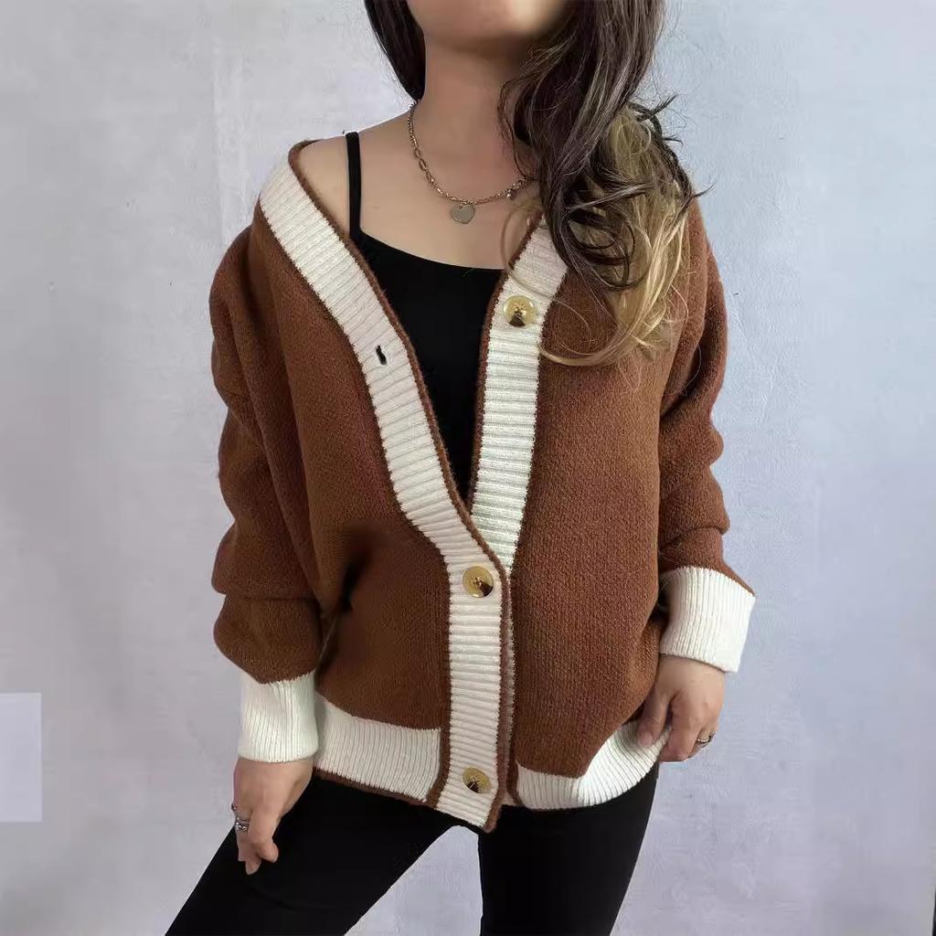 New Autumn and Winter Contrasting Cardigan Sweater, Street Style Loose Knit Sweater 3566 EMA