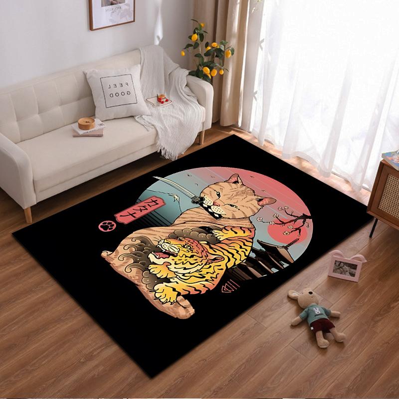 Samurai Cat and Tiger Graphic Carpet with Japanese Art Pattern Suitable for use as an anti-slip for living room bedroom sofas 40x60cm( 15x23in )