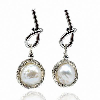 Pearl Earrings Natural Pearl Sterling Silver Earrings Baroque Style Handmade Sterling Silver Braided Design Women Earrings