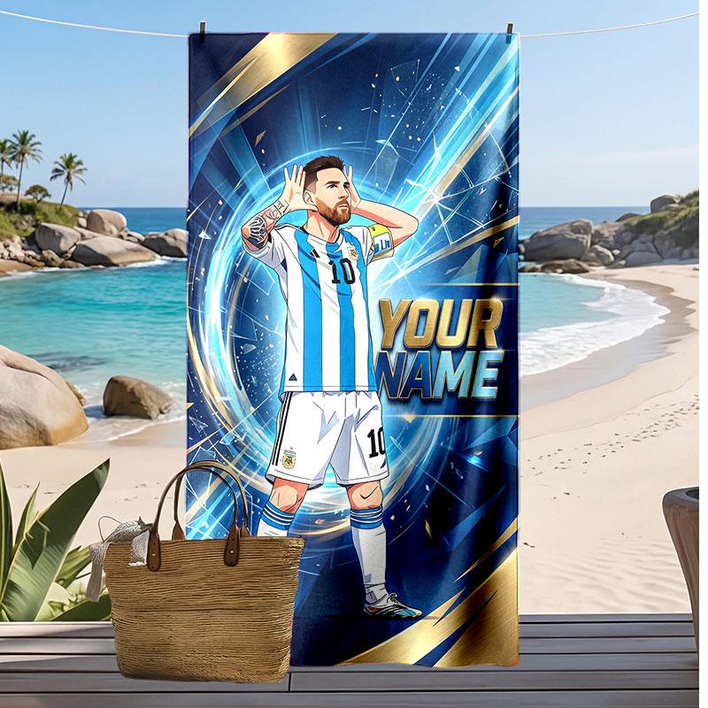 Asciugamano da Spiaggia Personalizzato Stampato Lionel Messi Logo Calcio Supporto Nome Personalizzato Testo Asciugamano Assorbente Per Sport Viaggio Regalo Speciale