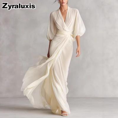 Glamorous Deep V Neck One-Shoulder Lantern Sleeve Bodycon Long Dress for Romantic Autumn Evening Party