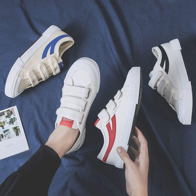 Pánské jarní plátěné boty na suchý zip v korejském stylu – Bílé, prodyšné, všestranné ležérní trendy plátěné boty