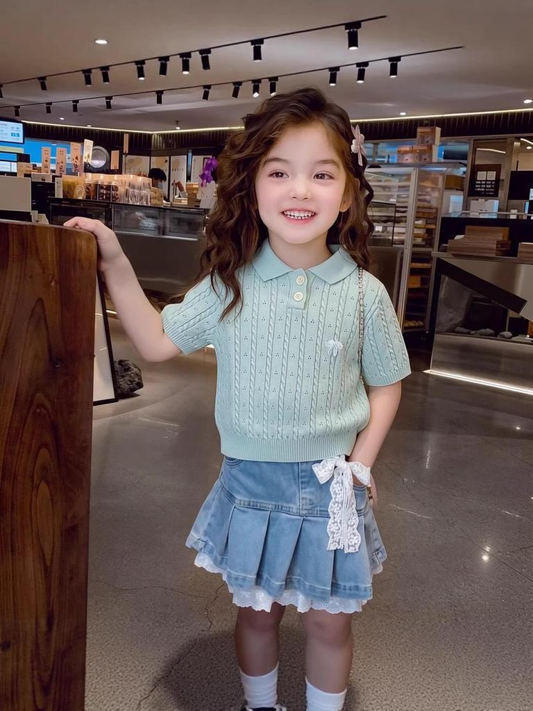 Girls' Academy Style Korean Short-Sleeve Knit Top