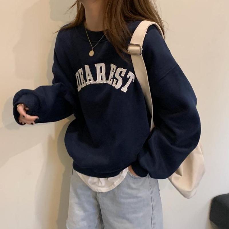 Frauen Langarm O Hals lose Pullover weibliche Tops einfarbig Sweatshirts