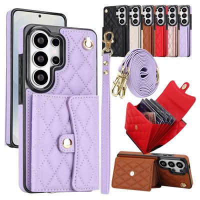 Crossbody Cards Wallet Case for For Samsung Galaxy S26U S26 Plus S25 Ultra S24 FE S23 S22 Stand Phone Cover Strap Grid Leather Case