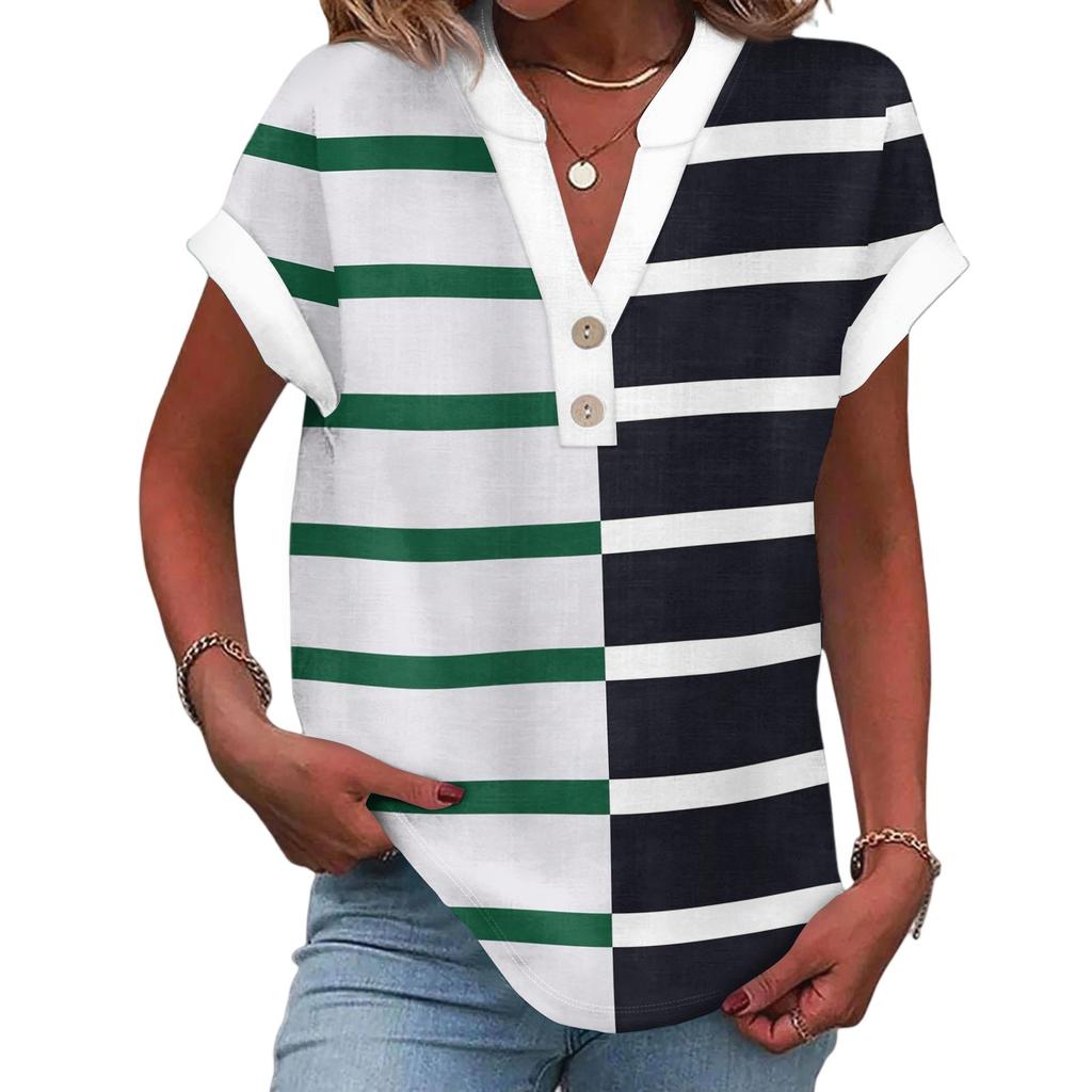 Women's Casual Fashion V-Neck Button Down Stripe Printed Short Sleeve Top