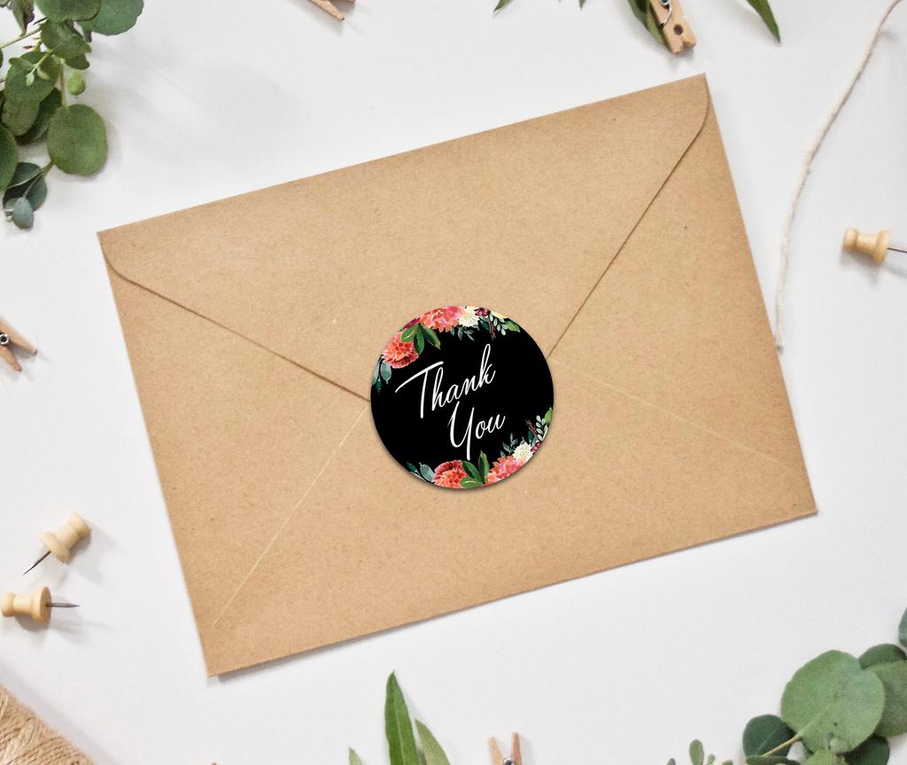 Darling Souvenir Pack Of 45 Pcs Round Chrysanthemum Floral Border Black Thank You Stickers-1.6