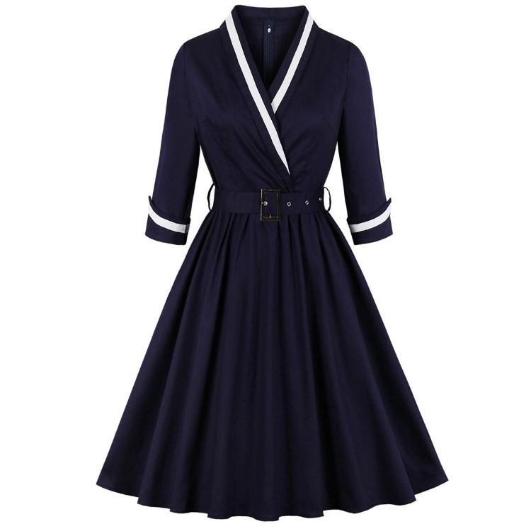 Vintage Cotton Swing Dress Women Long Sleeve V Neck Evening Party Cocktail Night Out Business Casual Day Wear Sizes S to 4XL