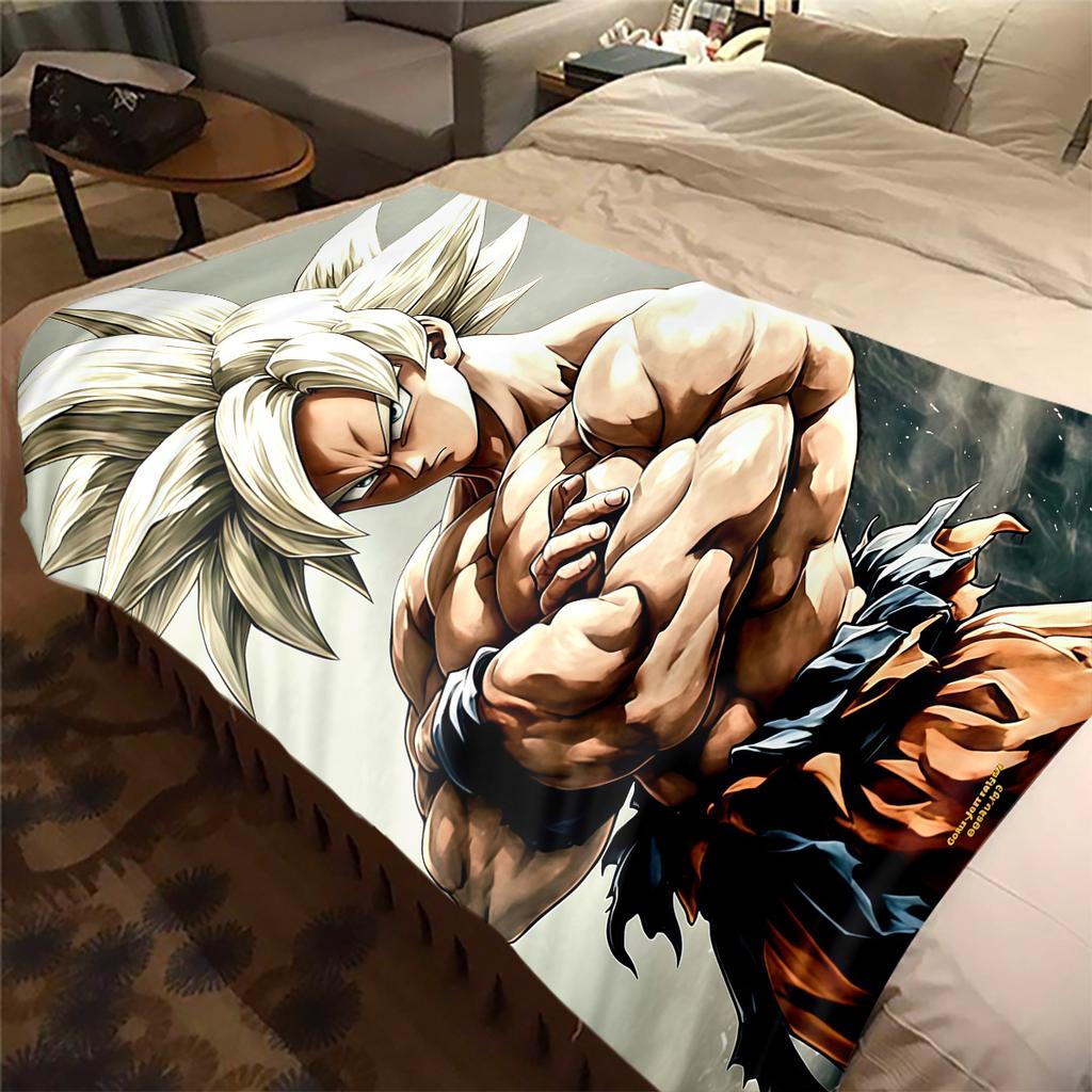 1 szt. Koc flanelowy z nadrukiem Son Goku, Wysokiej jakości, Na wszystkie pory roku, Wystrój domu, Ciepło i komfort, Idealny na prezenty świąteczne