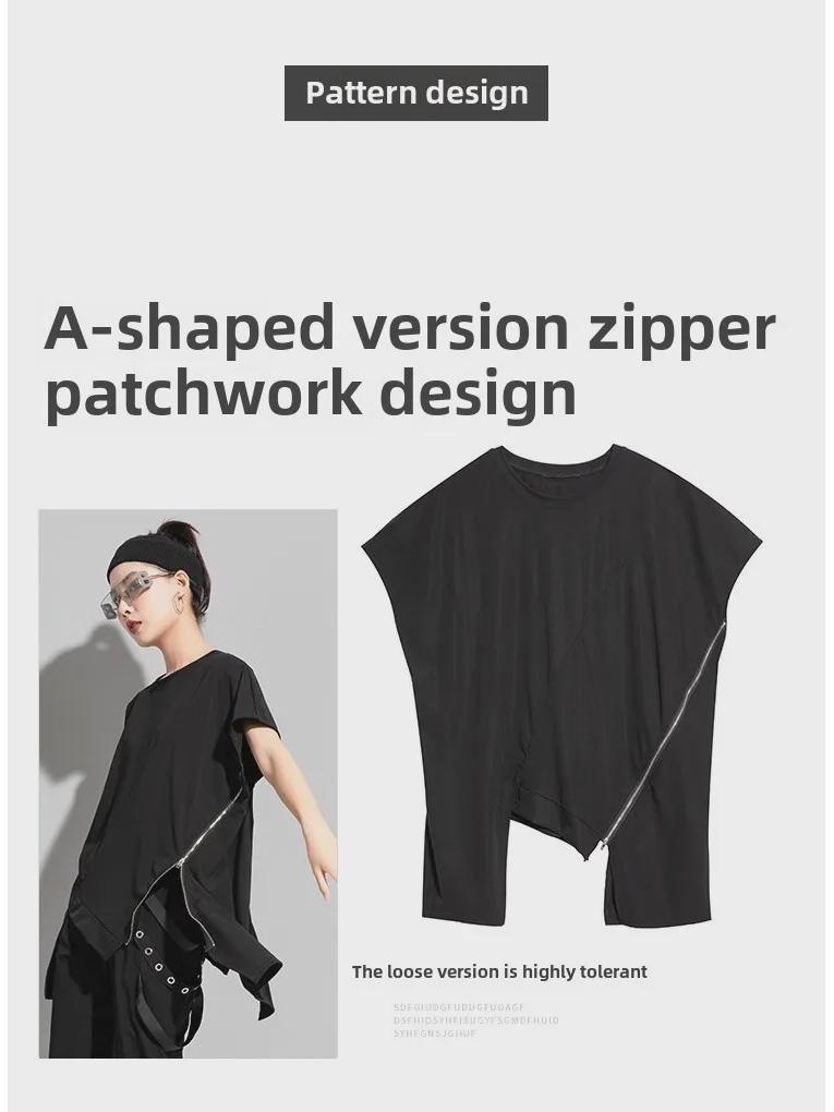 Summer Asymmetric Zipper Loose Round Neck Women's Fashion Pullover