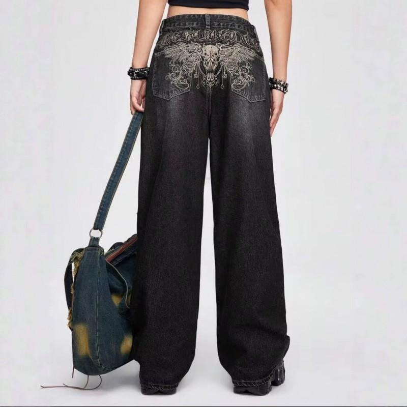 Womens Wide Leg Straight Cut Denim Pants With Embroidered Dagger Detail Loose Fit Streetwear Style