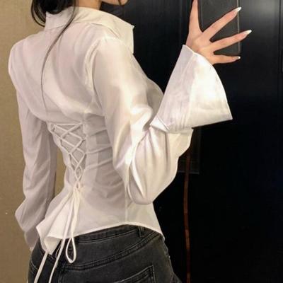 Damesblouse met Franse klokmouwen en strikceintuur - Taille-slankmakend, dun ontwerp, perfect voor de lente en herfst.