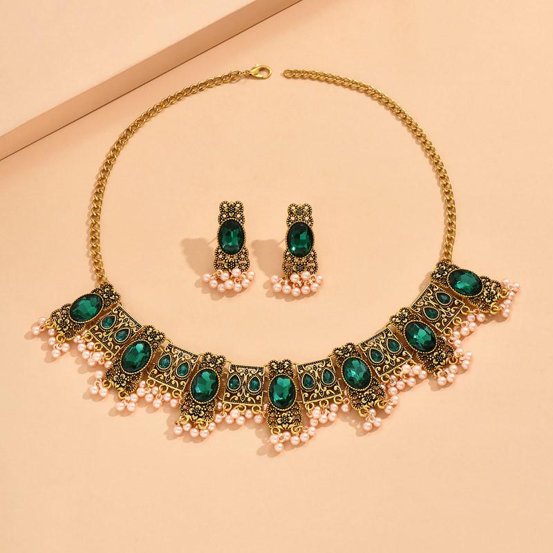 Vintage Crystal Choker Necklace Inlaid Rhinestone Ethnic Style Jewelry Set Women Accessories