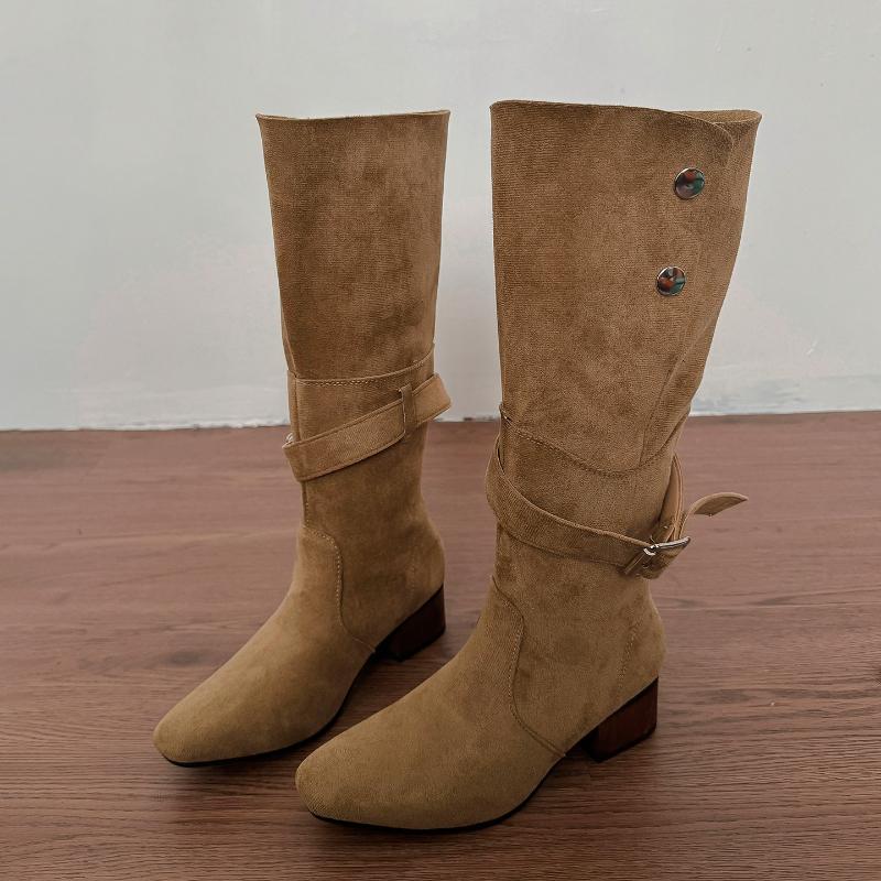 Herbst Plissiert Damen Western Cowboy Stiefel Mode Gürtelschnalle Dicke Absätze Schuhe Streetstyle Slim Knight Lange Stiefel Für Damen