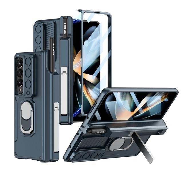 Ebesfous Magnetic Armor Pen Holder Case For Samsung Galaxy Z Fold 4 5g Magnetic Hinged Cases With Front Glass 2 Bracket Lens Cap