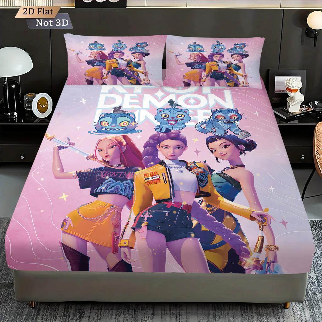 3pcs K-Pop Demon Hunters Print Coreless Bed Sheet Set Multiple Sizes Soft Bed Cover Bedroom Bedding Decoration Machine Washable