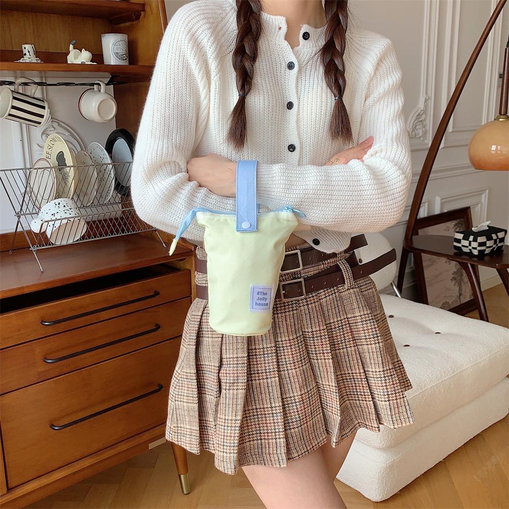 Ctrast Color Women Handle Storage Bag Girls Vertical Pencil Case Portable Pen Holder Retro Plaid Cosmetic Bags Clutch Purse